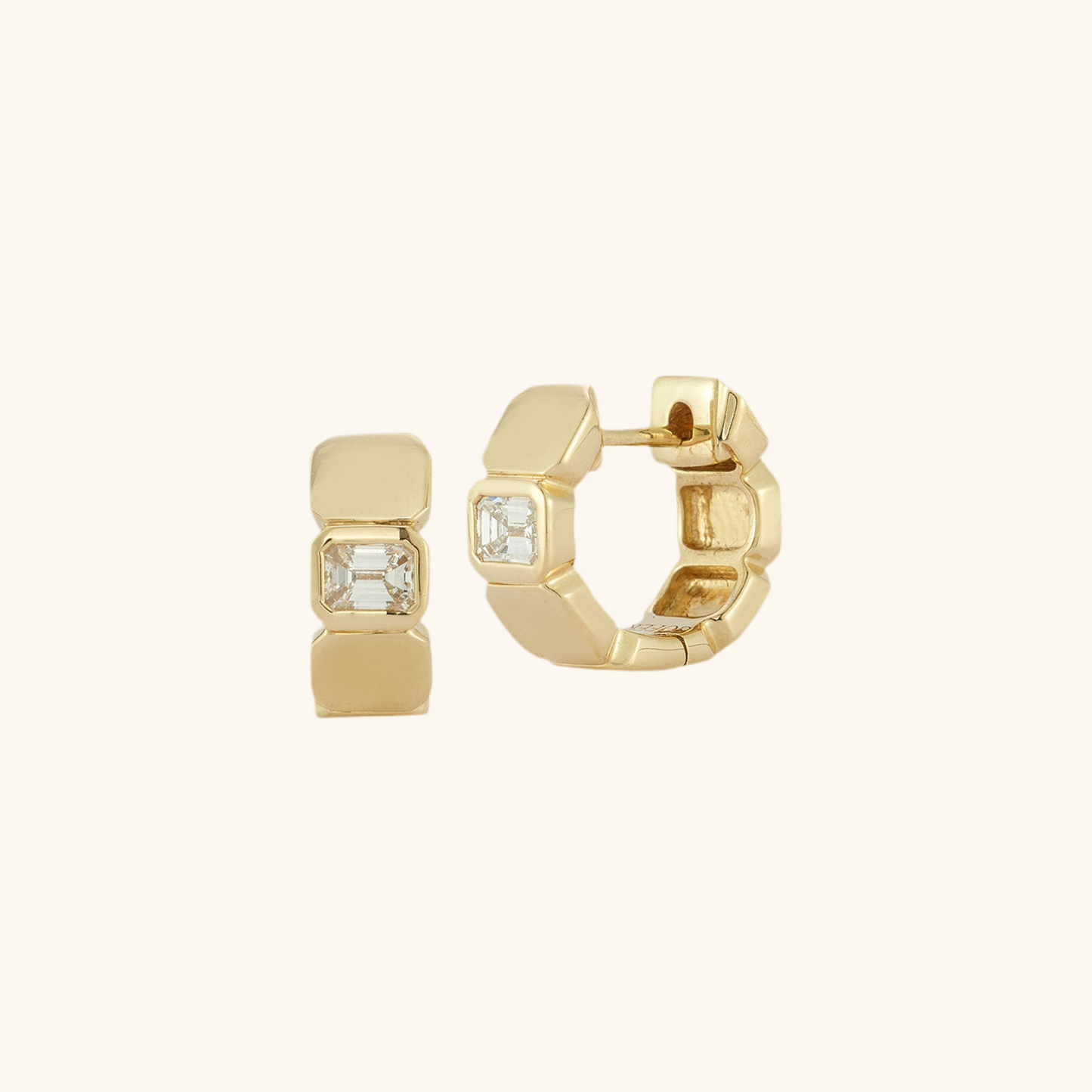 Yellow Gold Emerald Diamond Huggies 14K