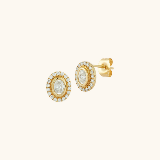Yellow Gold Oval Halo Diamond Bezel Earrings 14K