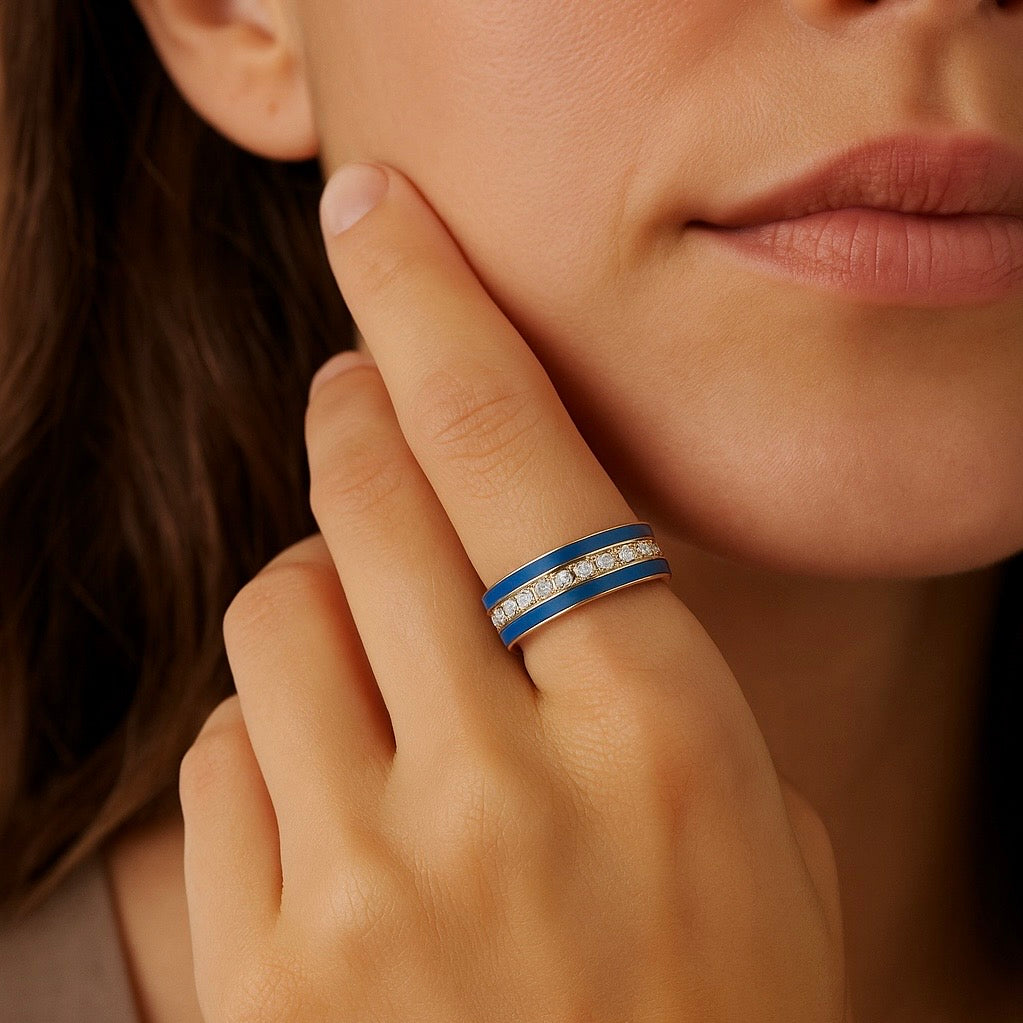 Yellow Gold Navy & Diamond Eternity Band 14K