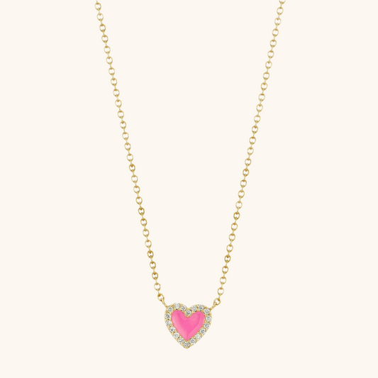 Pink Enamel Heart with Diamond Border Necklace