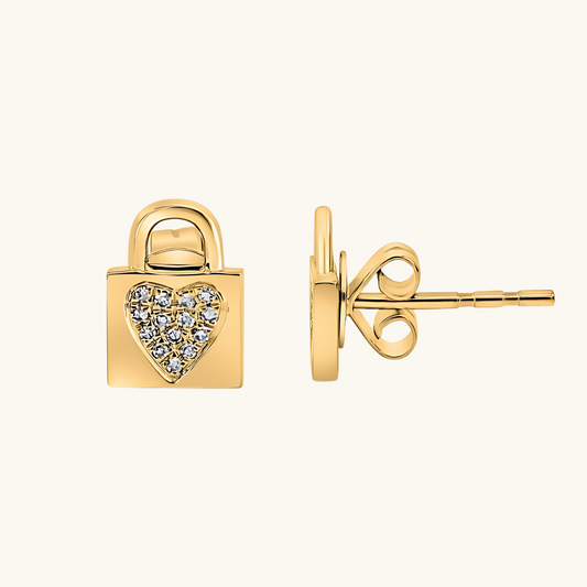 Yellow Gold Diamond Heart Padlock Earrings 14K