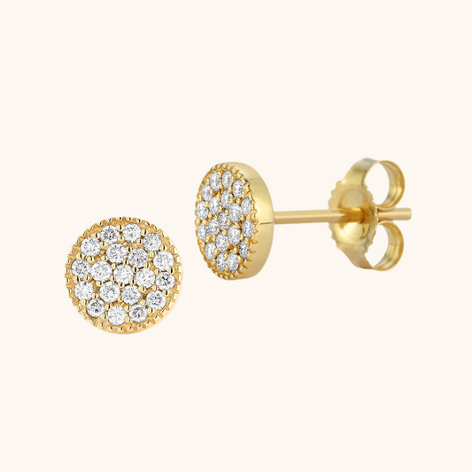Pave Diamond Disc With Beaded Border Stud Earrings