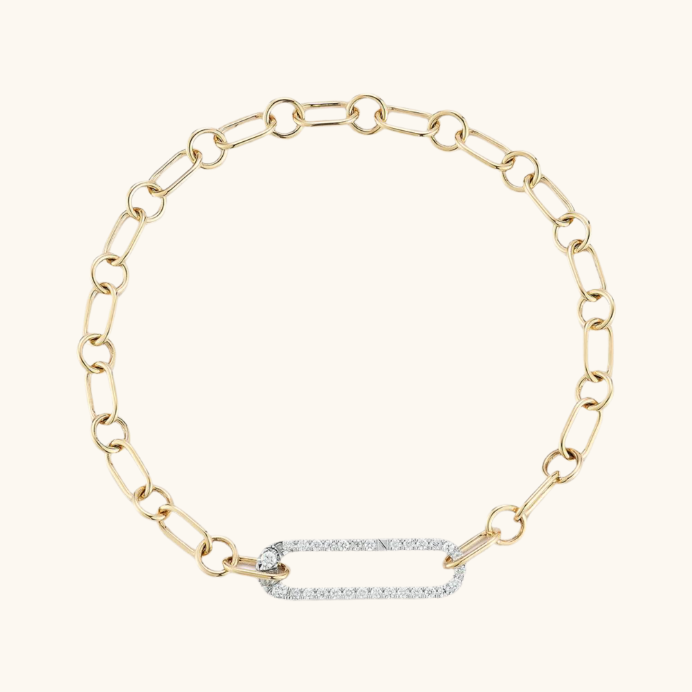 Two-Tone Paperclip Bracelet with Pavé Clasp 14K