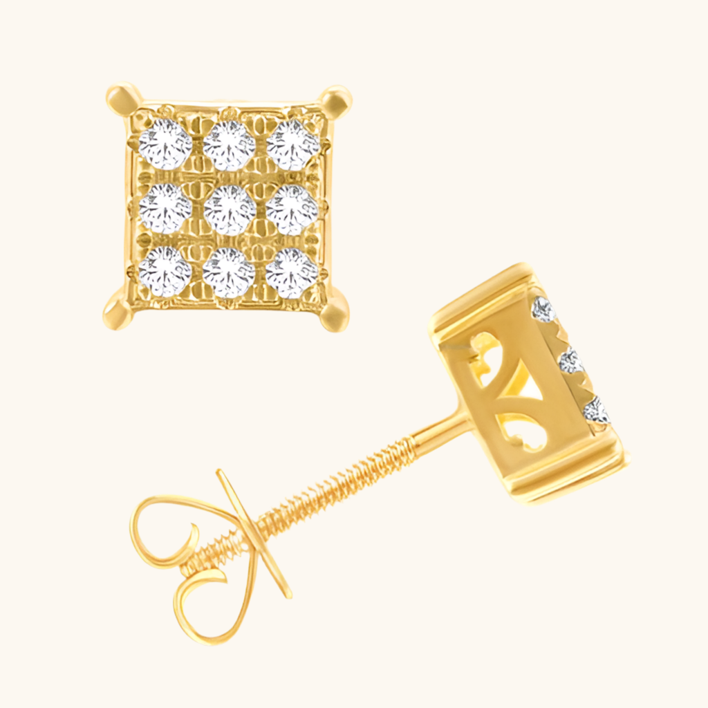 Yellow Gold Diamond Square Earrings 14K