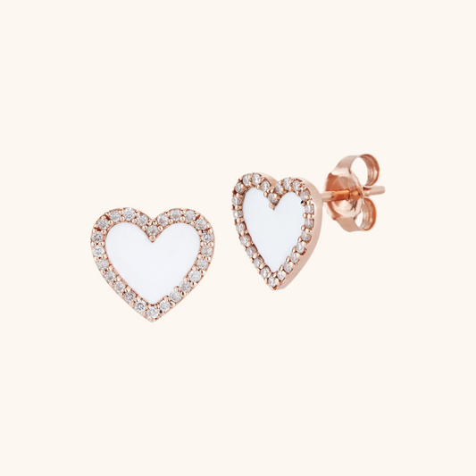 White Enamel Heart Stud Earring with Diamond Border