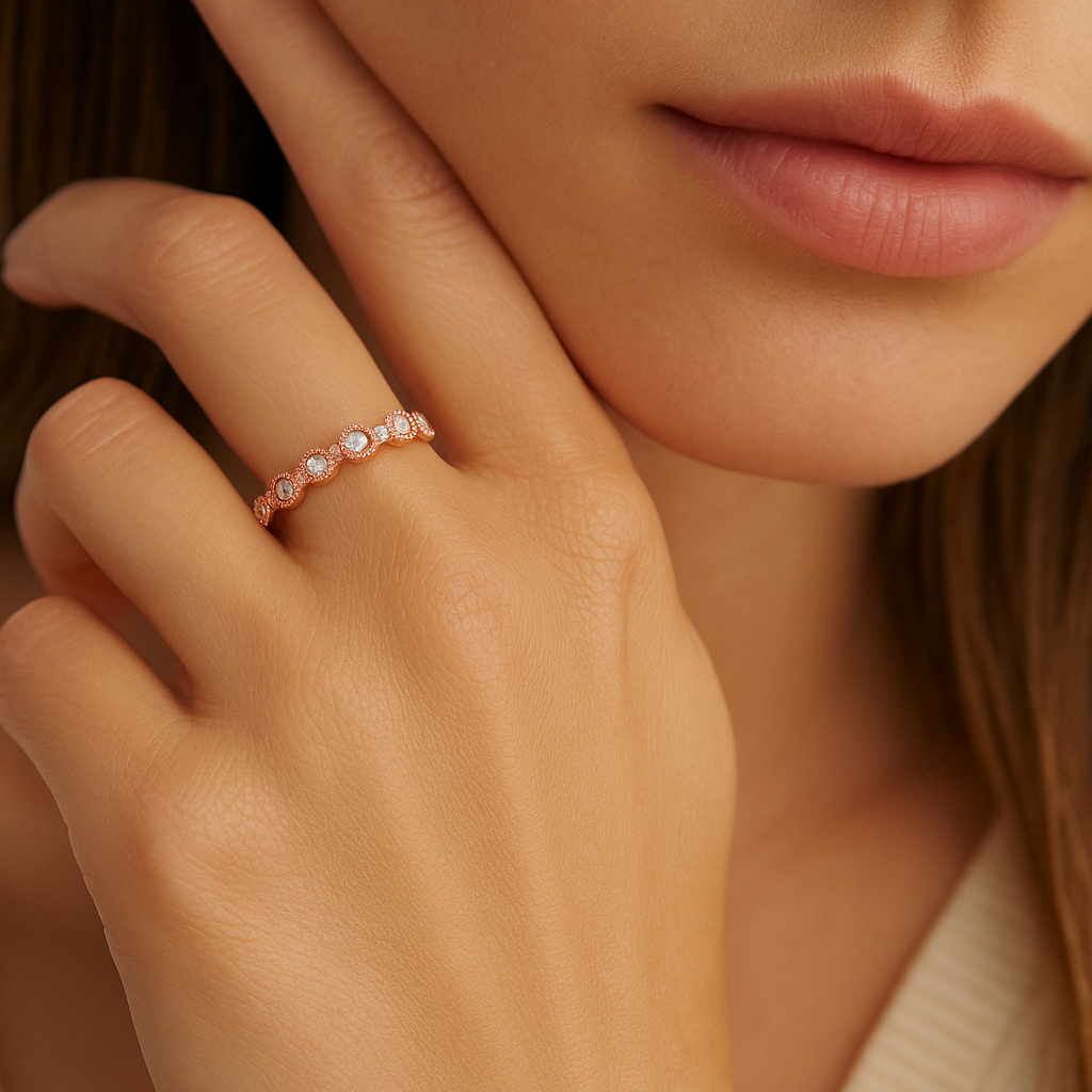 Rose Gold Diamond Ring with Milgrain Detail 14K
