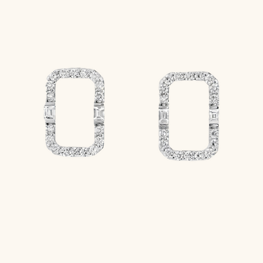 Open Pave Diamond Rectangular Shape Stud Earrings with Emerald Diamonds
