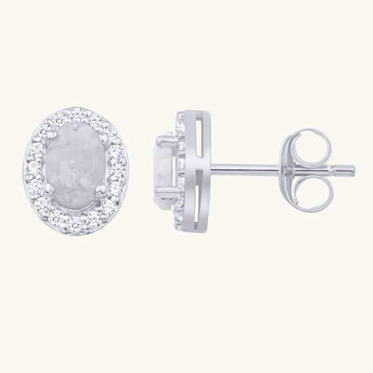 White Gold Diamond Opal Oval Studs 14K