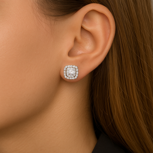 White Gold Diamond Cushion Earrings 14K