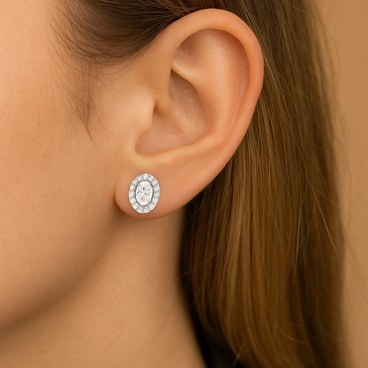 Yellow Gold Diamond Oval Earrings 14K