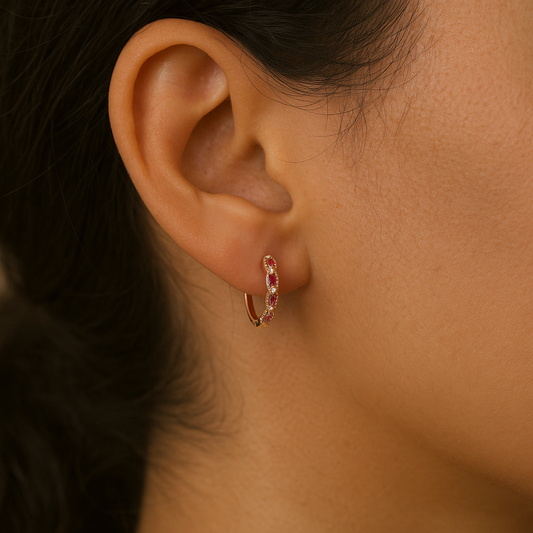 Rose Gold Ruby & Diamond Hoops 14K