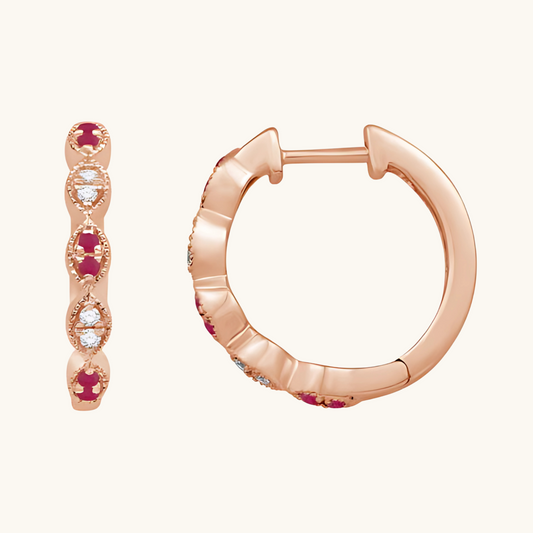 Rose Gold Ruby & Diamond Hoops 14K