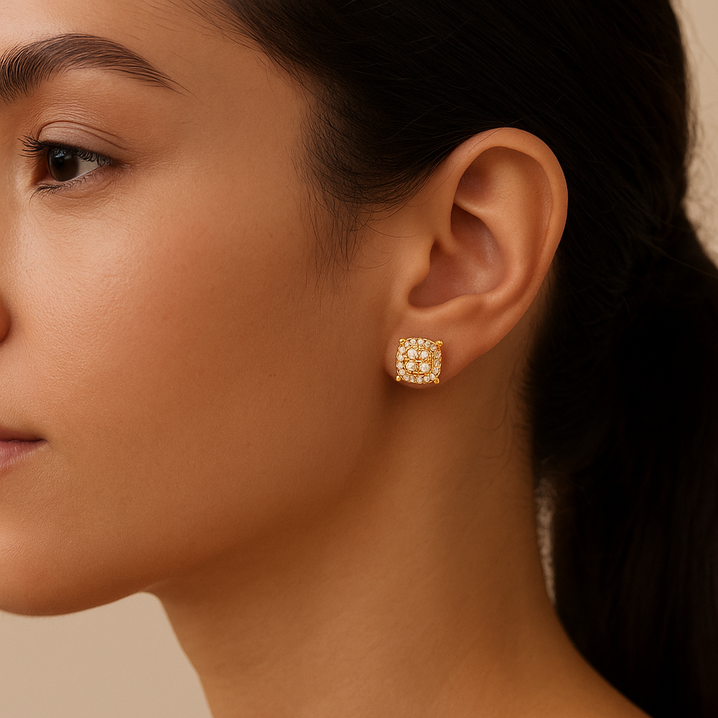 Yellow Gold Diamond Cushion Earrings 14K