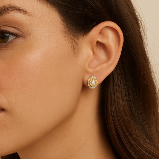 Yellow Gold Oval Halo Diamond Bezel Earrings 14K