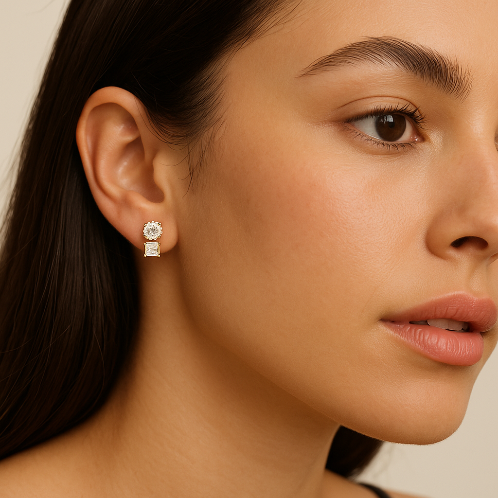 Yellow Gold Two Stone Diamond Stud Earrings 14K